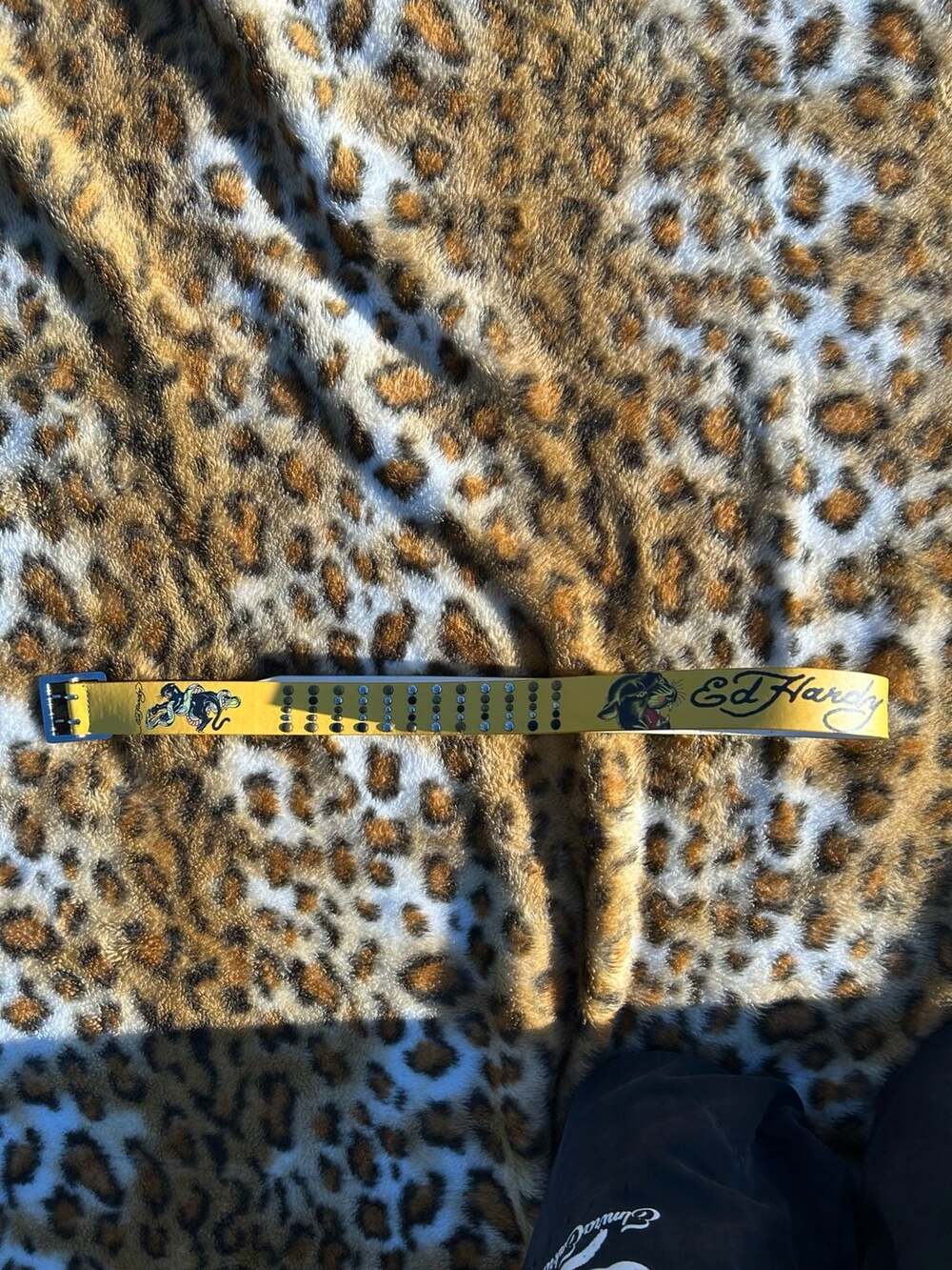 Ed Hardy Yellow Leather Belt Studded Studs Panther Y2K Tattoo Graphic Belt OS